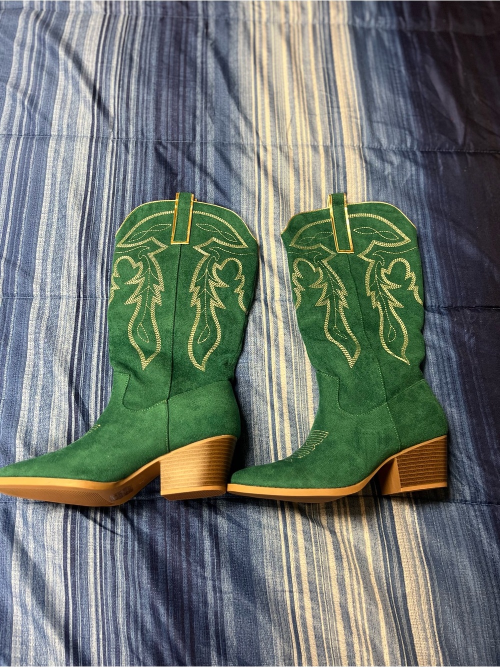 Green Suede Western Mid-Calf Boots for Women